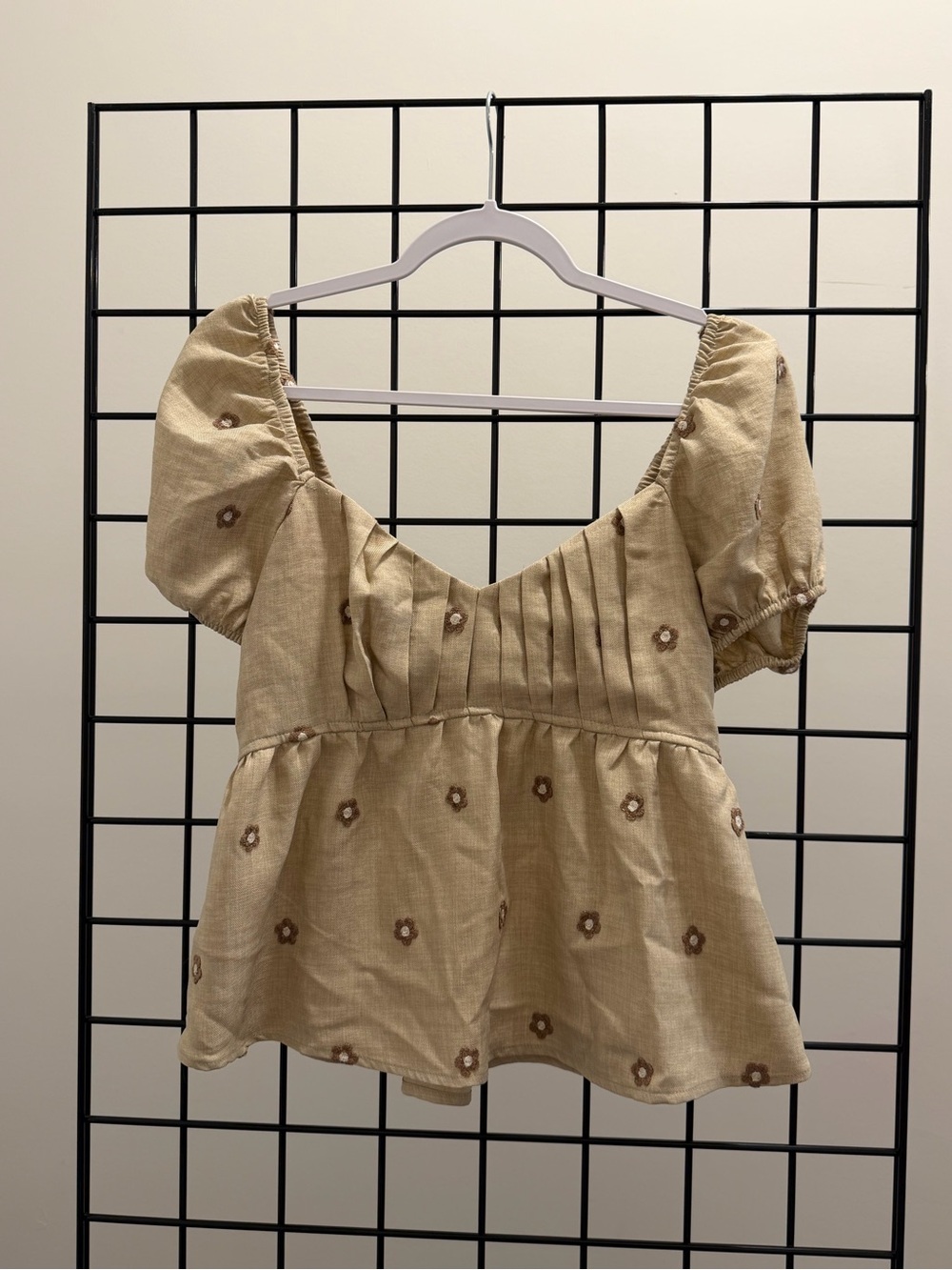 Blu Pepper Beige Puff Sleeve Peplum Top with Floral Embroidery